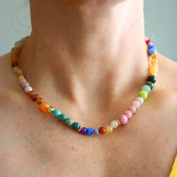 Genuine Pink Opal and Turquoise Candy Crush Necklace with 18k Gold Beads - Picture 1 of 3